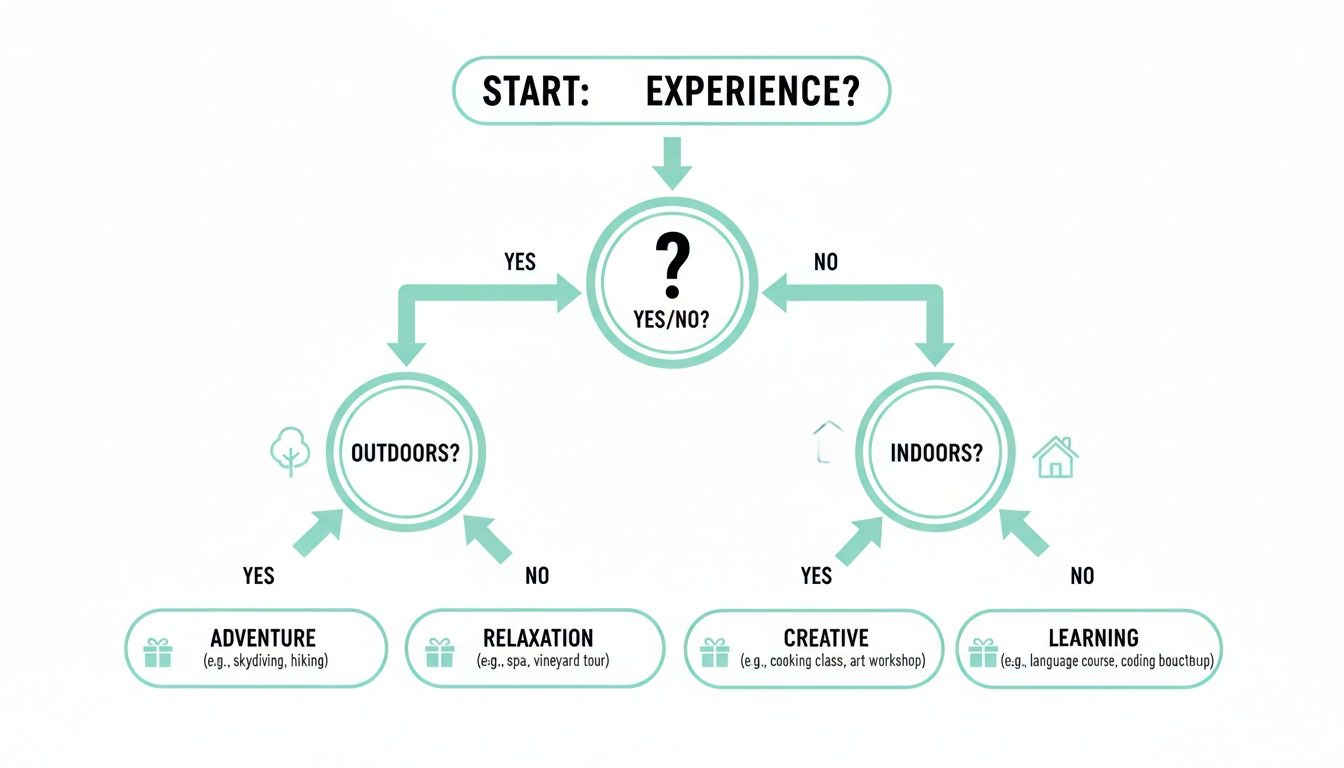 A flowchart guiding users to choose an experience gift based on preferences like outdoors, indoors, adventure, relaxation, creative, or learning.