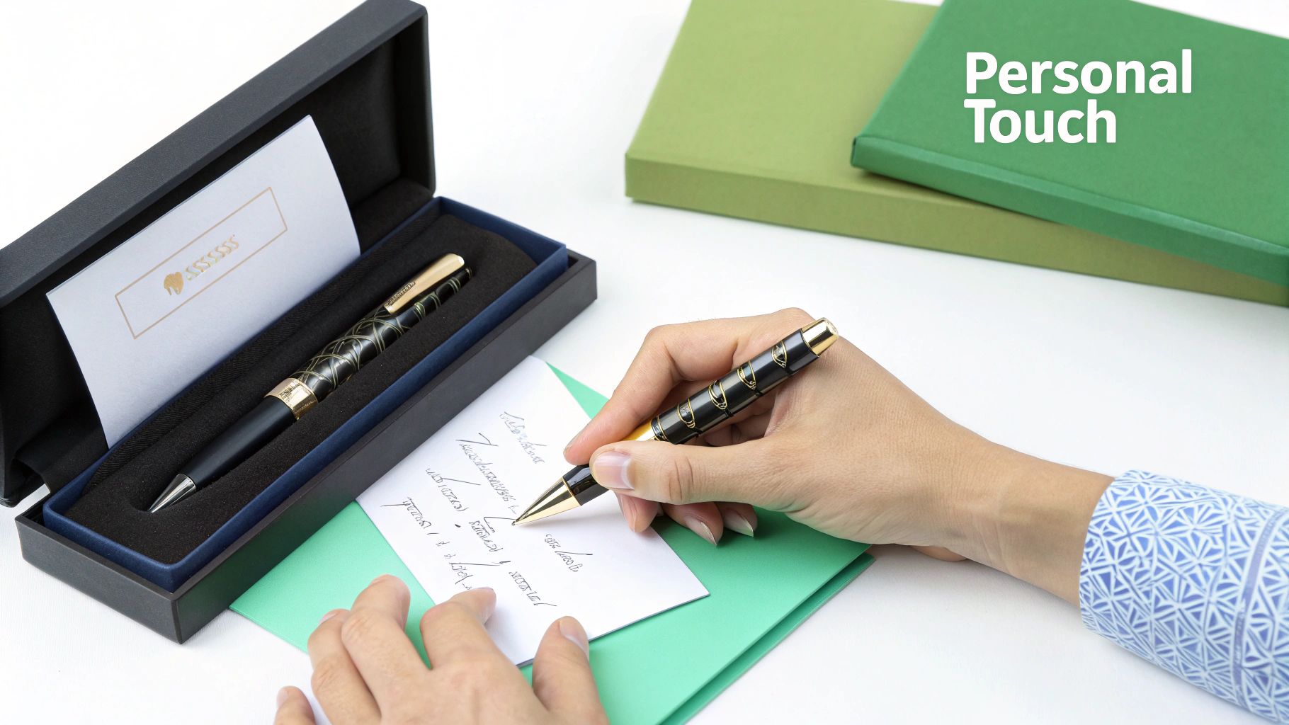 A person writes a note with a black and gold luxury pen, next to its open gift box.
