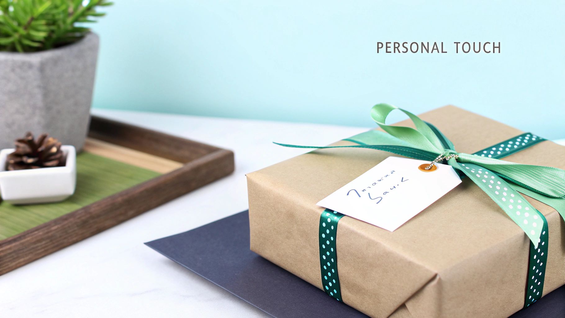 A beautifully wrapped brown gift with green polka dot ribbon and a bow, featuring a handwritten tag.