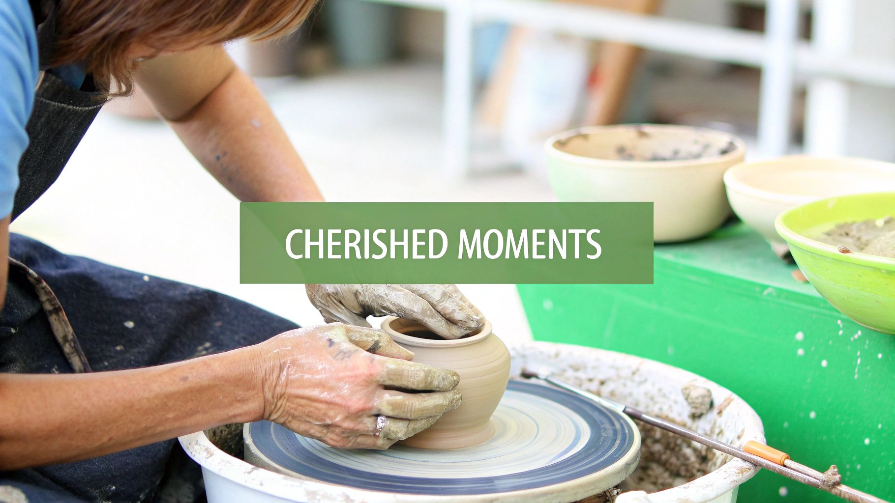 Woman's hands shaping clay pottery on wheel during creative ceramic making workshop experience