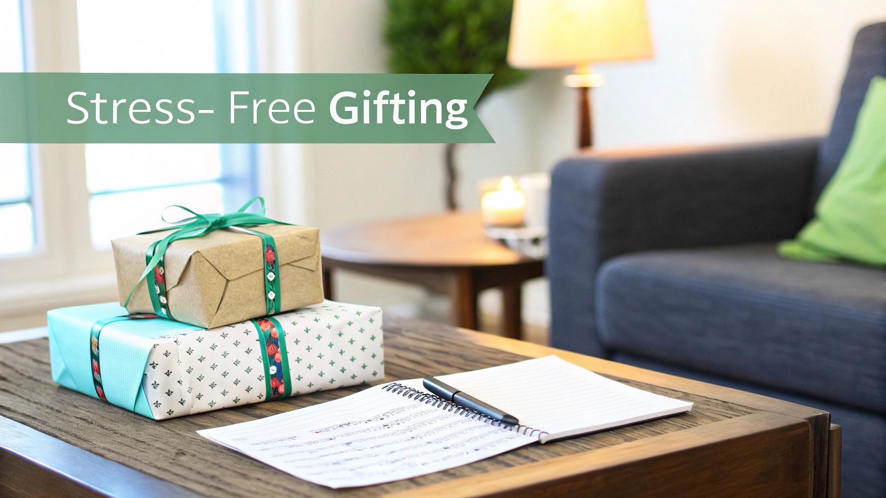 A beautifully wrapped Christmas gift with festive decorations surrounding it.