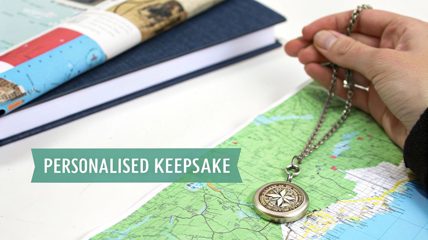 A hand holds a vintage compass on a chain over a map, with books in the background, promoting a 'PERSONALISED KEEPSAKE'.