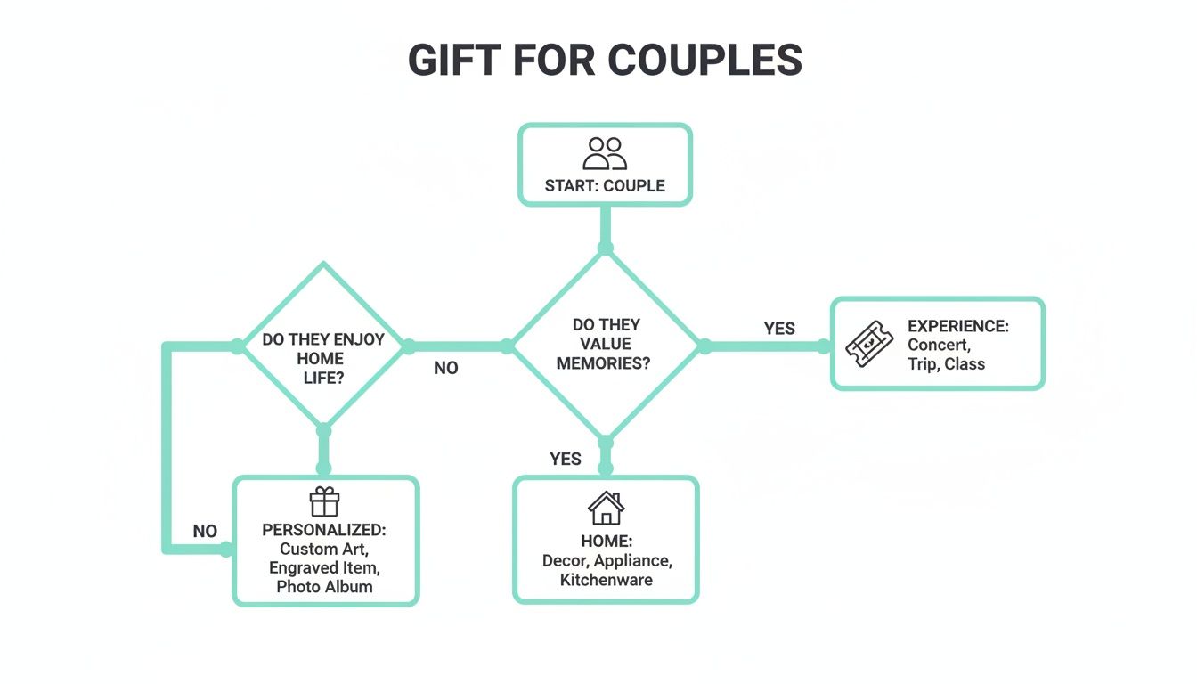 Decision tree for selecting gifts for couples, including personalized, home, and experience options.