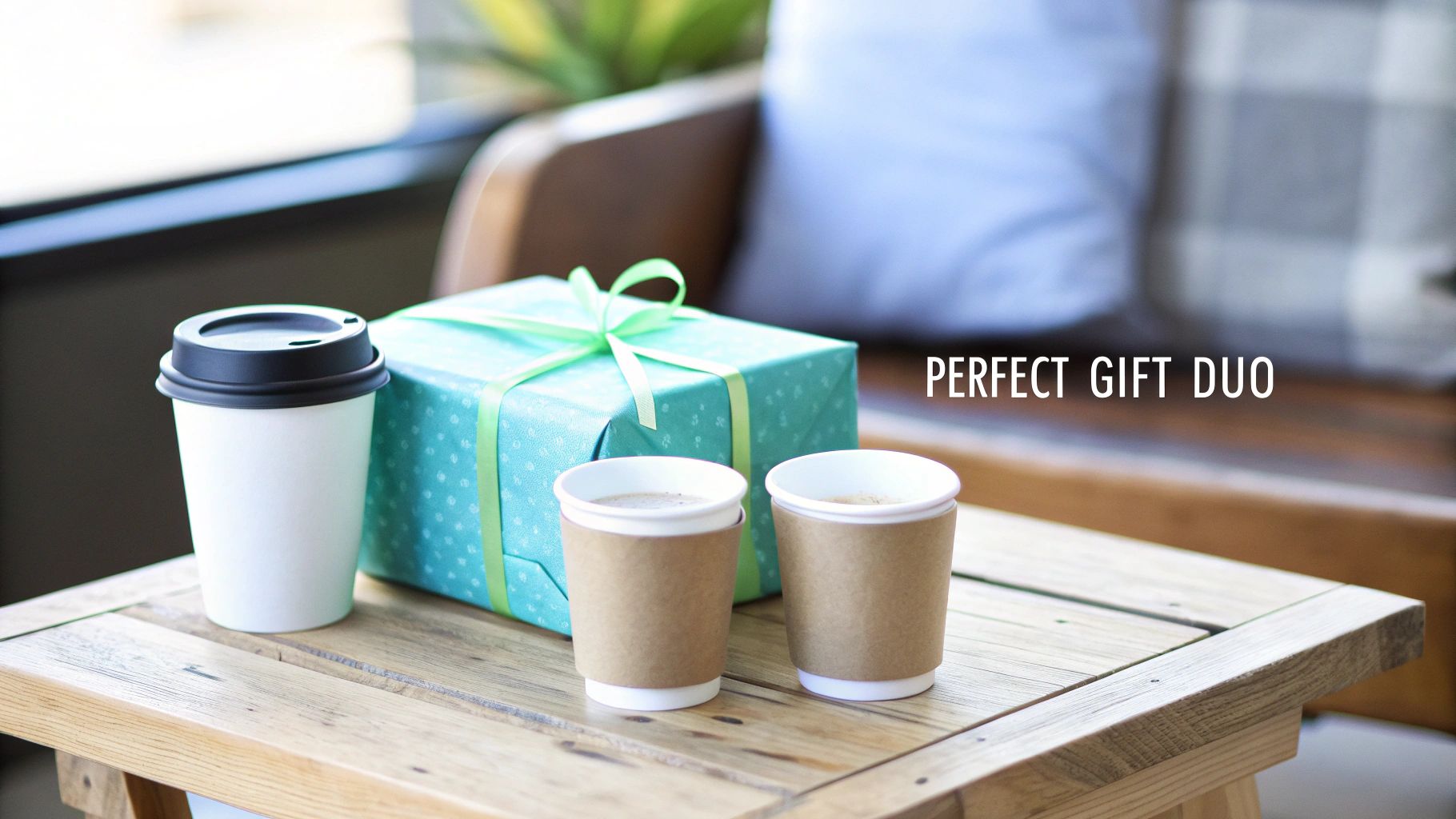 A thoughtful gift set featuring a wrapped present and three coffee cups on a rustic wooden table.