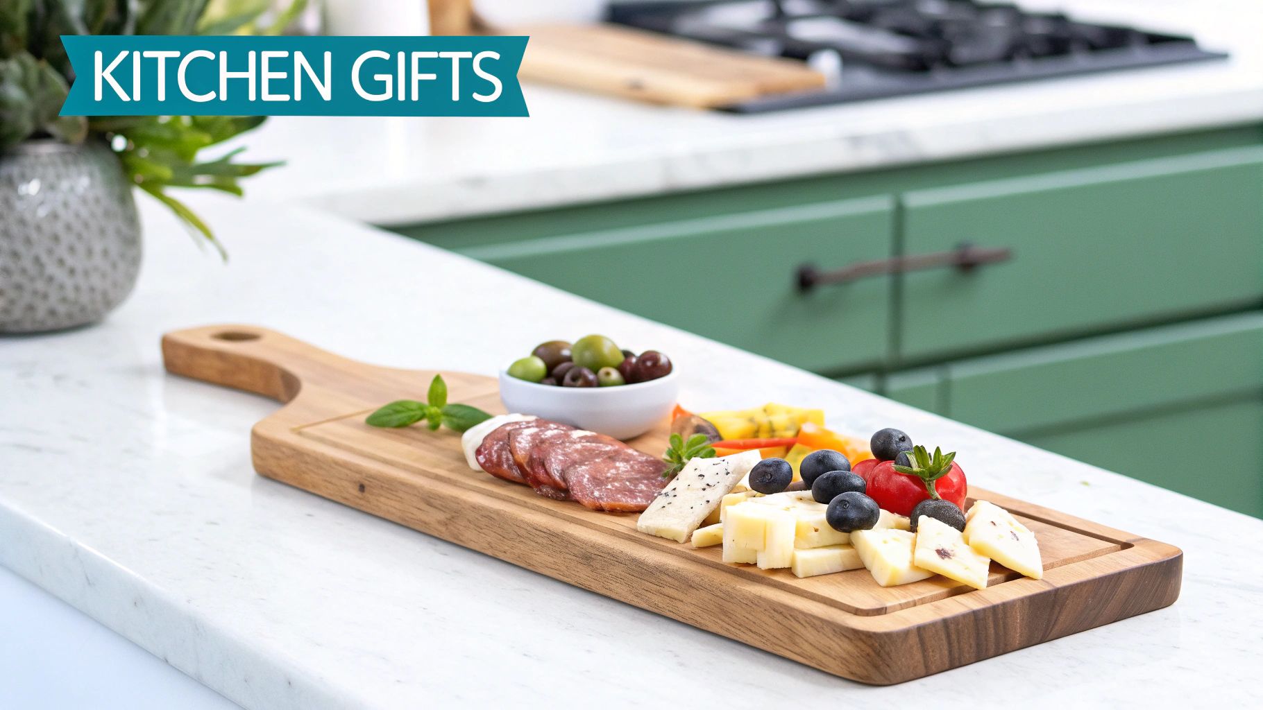 A stylish kitchen with a gourmet gift basket on the counter.