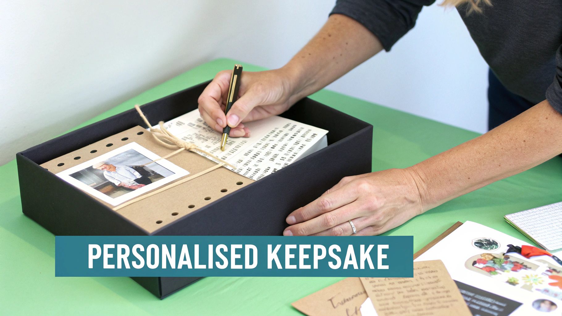 A person writing in a book inside a black keepsake box with a photo, creating memories.