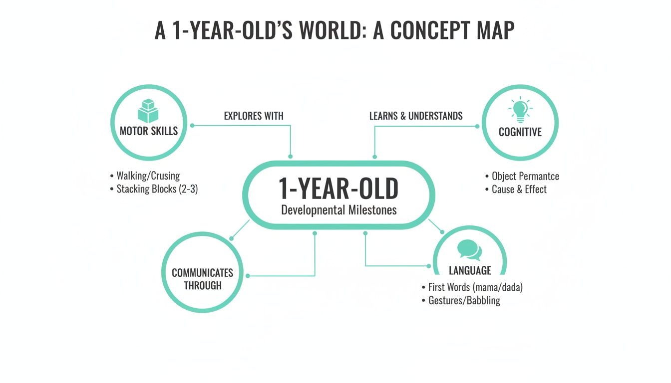 A concept map illustrating a 1-year-old's developmental milestones, covering motor, cognitive, and language skills.