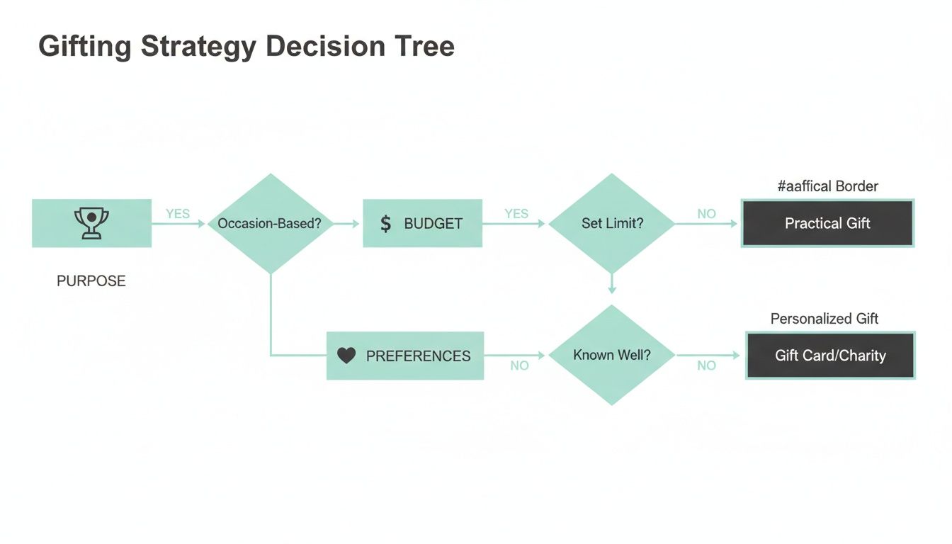 A detailed flowchart illustrating a gifting strategy decision tree, guiding gift choices based on occasion, budget, and recipient preferences.