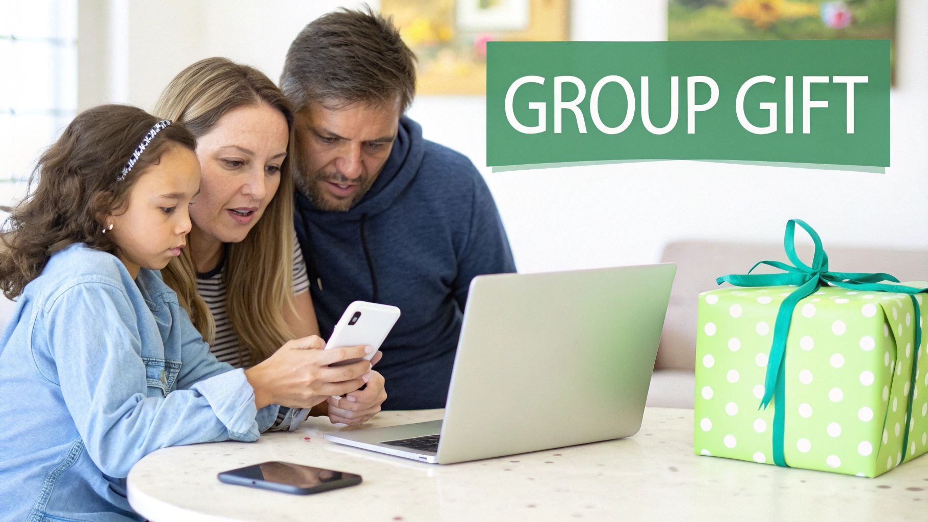 A family, including a mother, father, and daughter, looking at a smartphone and laptop, with a wrapped gift on the table. A banner reads "GROUP GIFT".