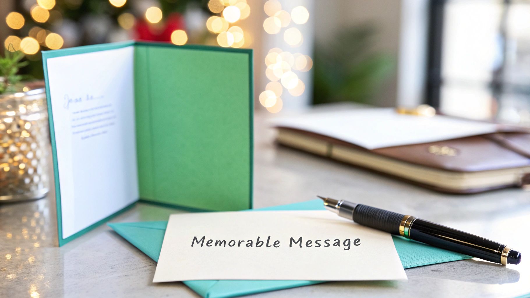An open green greeting card, a 'Memorable Message' note, and a pen on a table with blurred lights.
