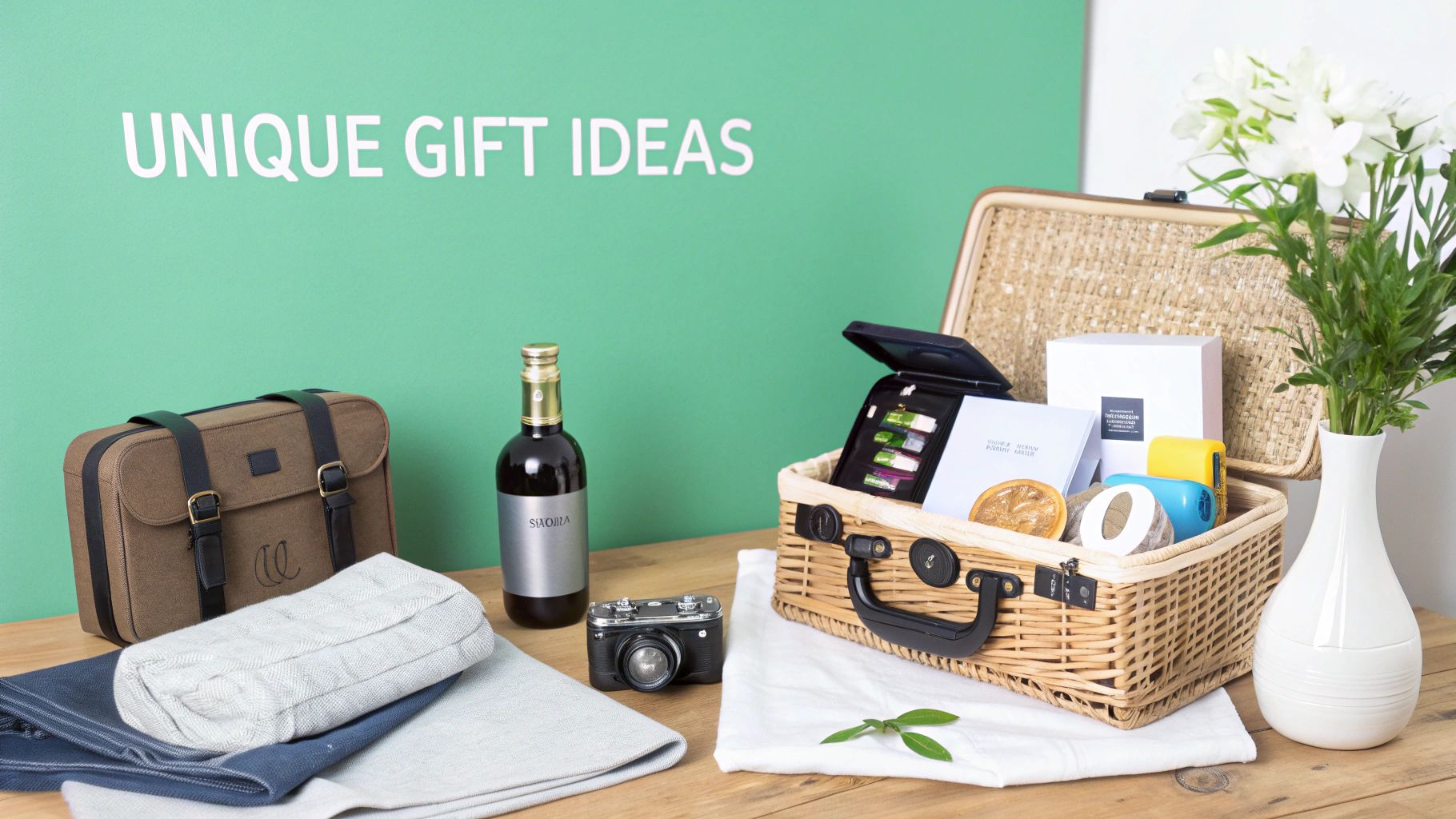 A variety of unique gift ideas displayed on a wooden table, including a bag, wine, and a picnic basket.