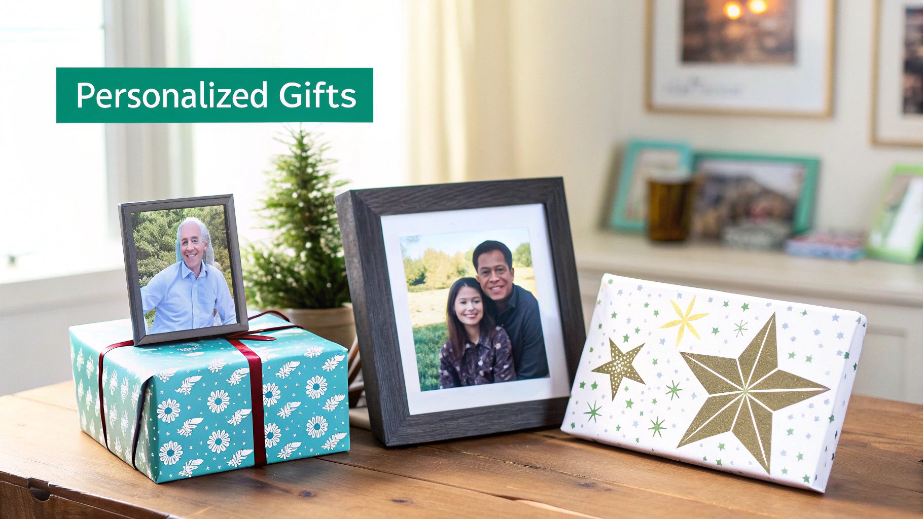 A collection of personalized gifts featuring framed photos and wrapped presents on a rustic wooden table.