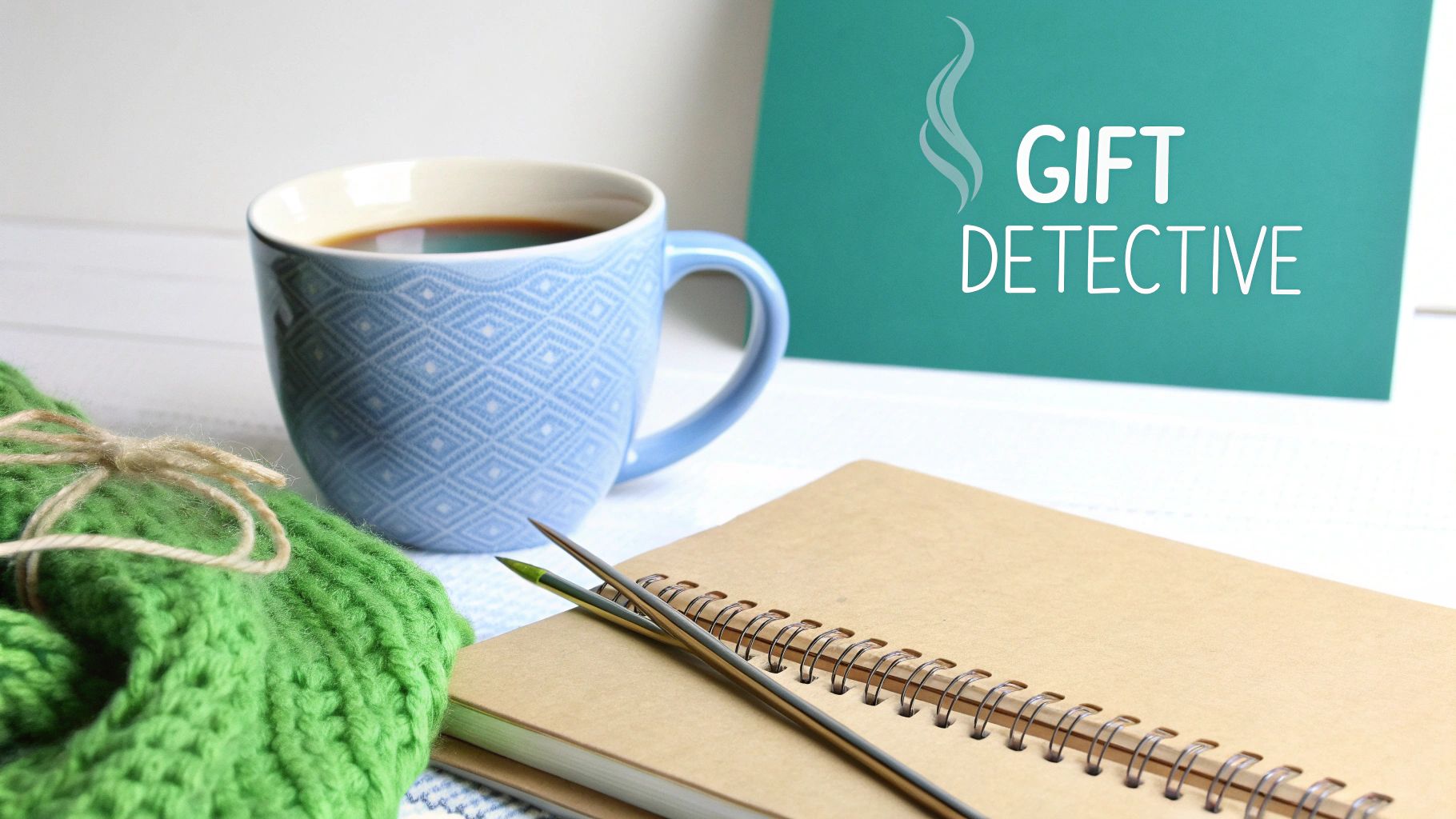 A cozy scene with a blue mug, green knitted item, knitting needles, a notebook, and a teal card reading "GIFT DETECTIVE."