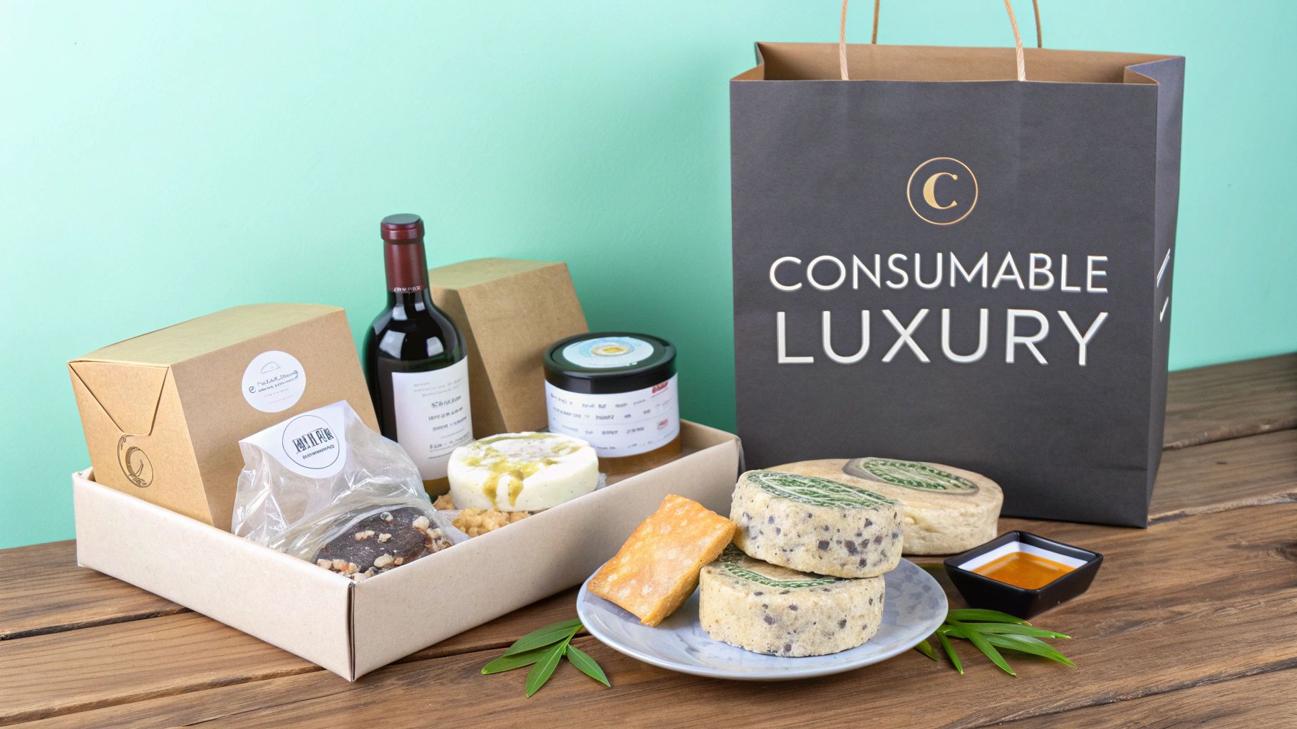 A luxurious gourmet gift hamper featuring wine, artisan cheeses, crackers, and snacks on a wooden table.