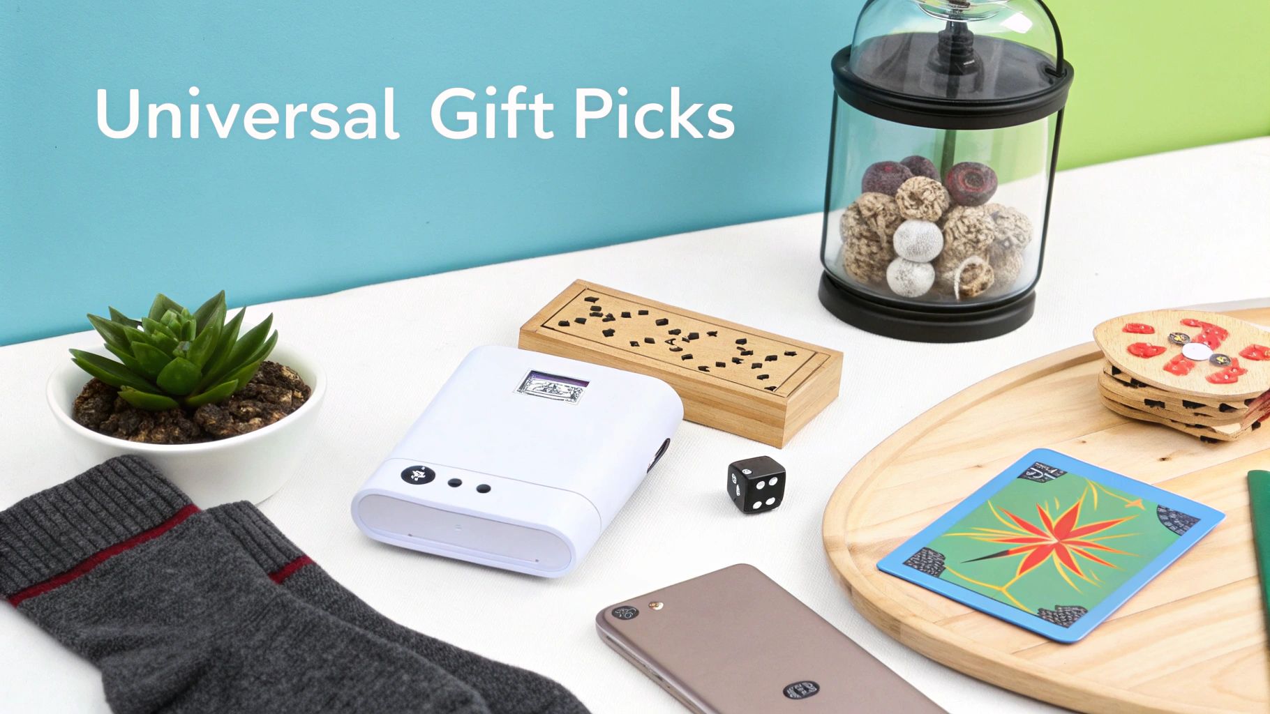 A flat lay showcasing various universal gift items, including a succulent, socks, a power bank, and games.