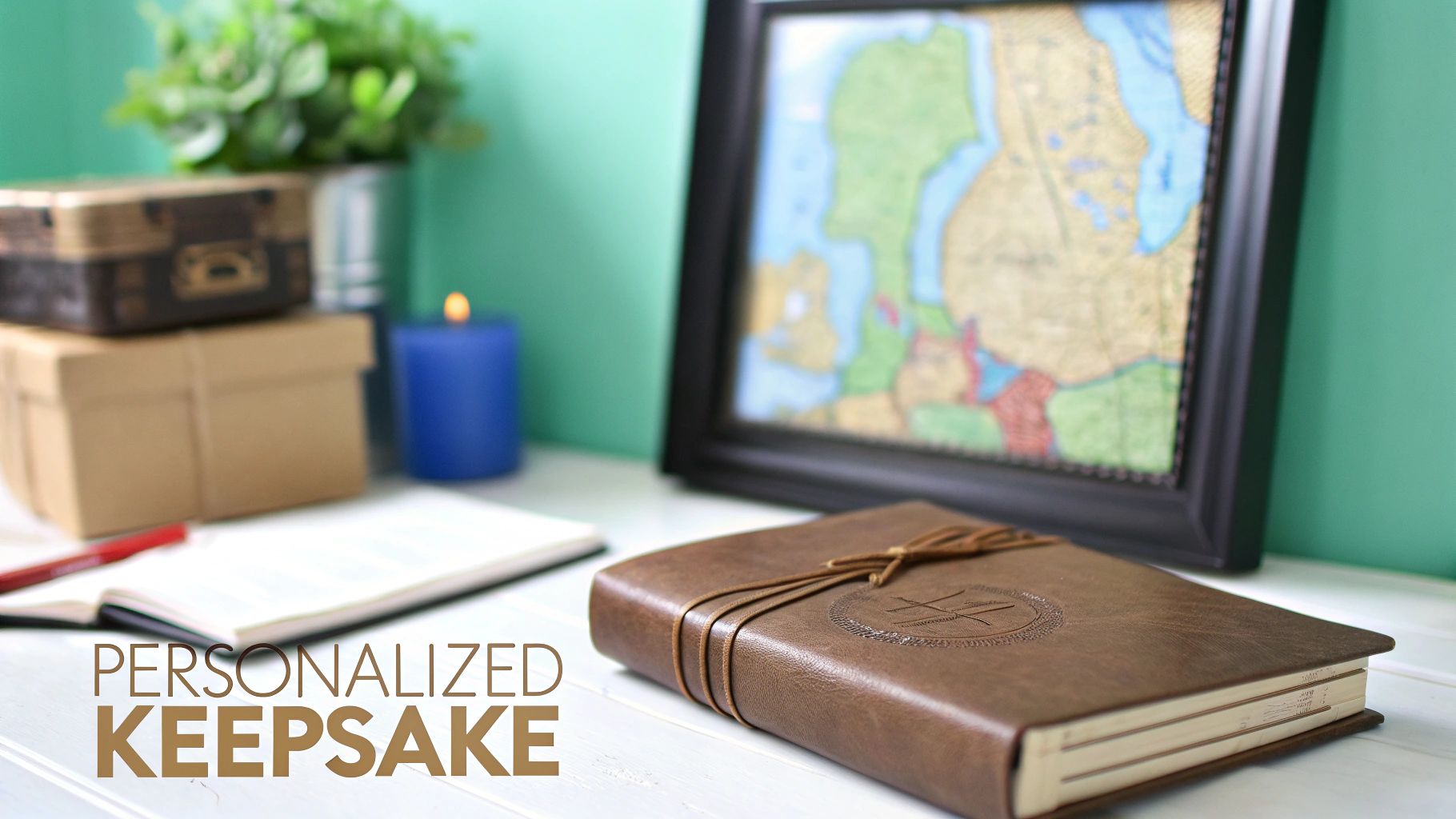 A personalized brown leather journal, open notebook, and framed map on a white desk.