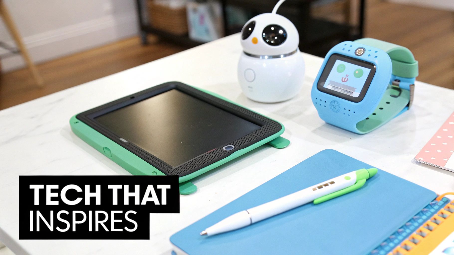Colorful kids' tech gadgets: a tablet, robot, and smartwatch, alongside a notebook and pen.