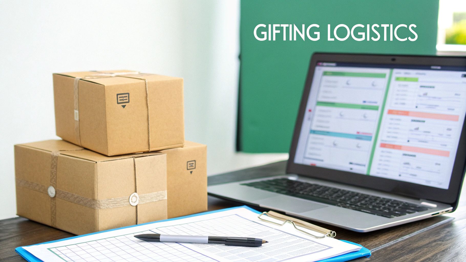 Brown cardboard gift boxes, a laptop, and documents on a desk, illustrating gifting logistics.