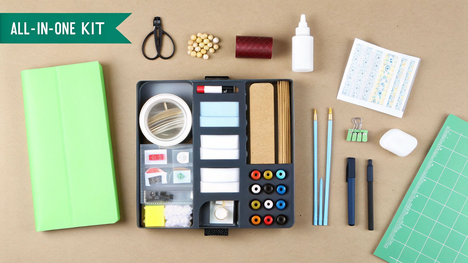 An all-in-one DIY craft kit with various tools, paper, and colorful supplies neatly arranged.