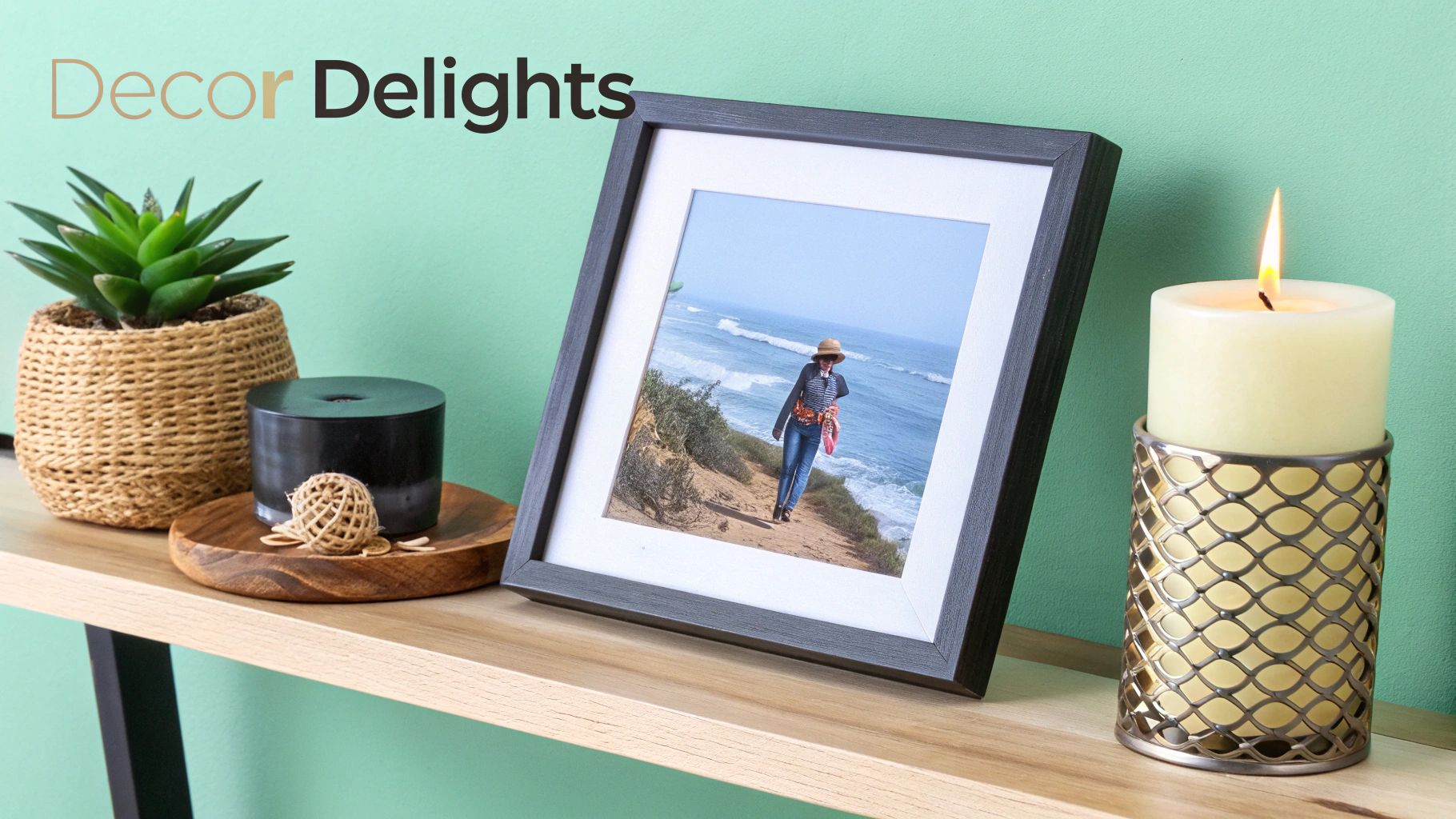 A stylish living room with a cozy throw blanket, vase, and photo frames.