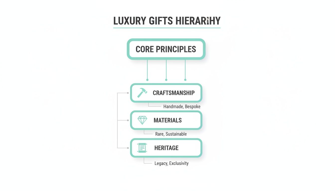 Hierarchy diagram of luxury gift principles: craftsmanship, materials (rare, sustainable), and heritage (legacy, exclusivity).