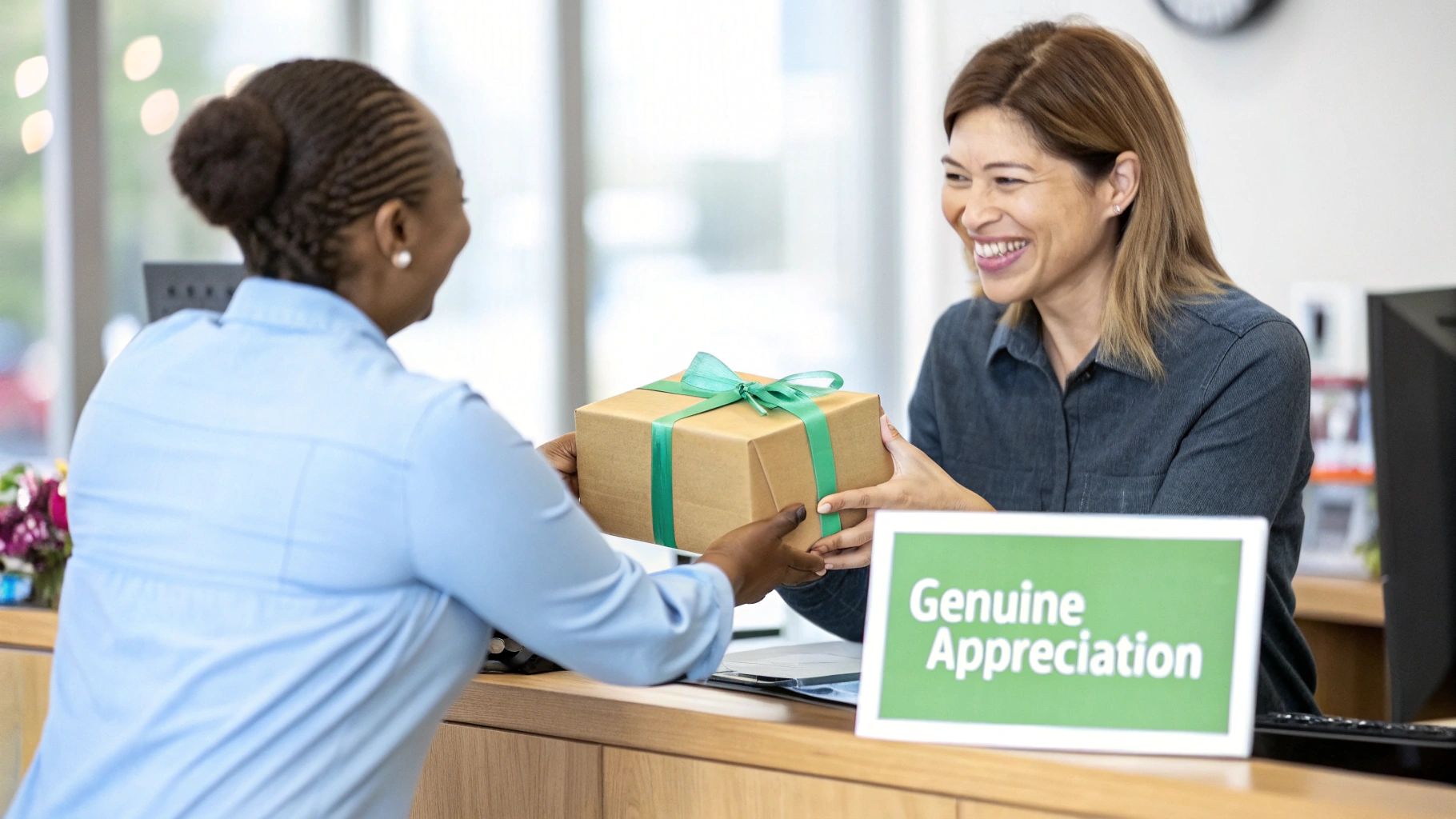 Two women exchange a gift box with a green ribbon at a counter, with a 'Genuine Appreciation' sign.