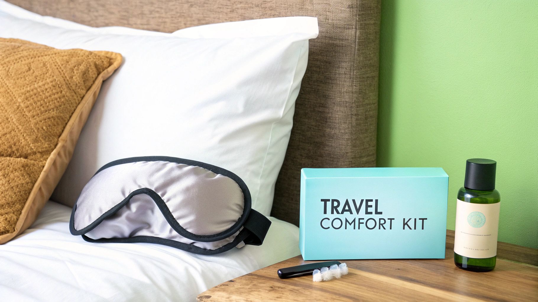 A woman relaxing with a travel pillow and eye mask.