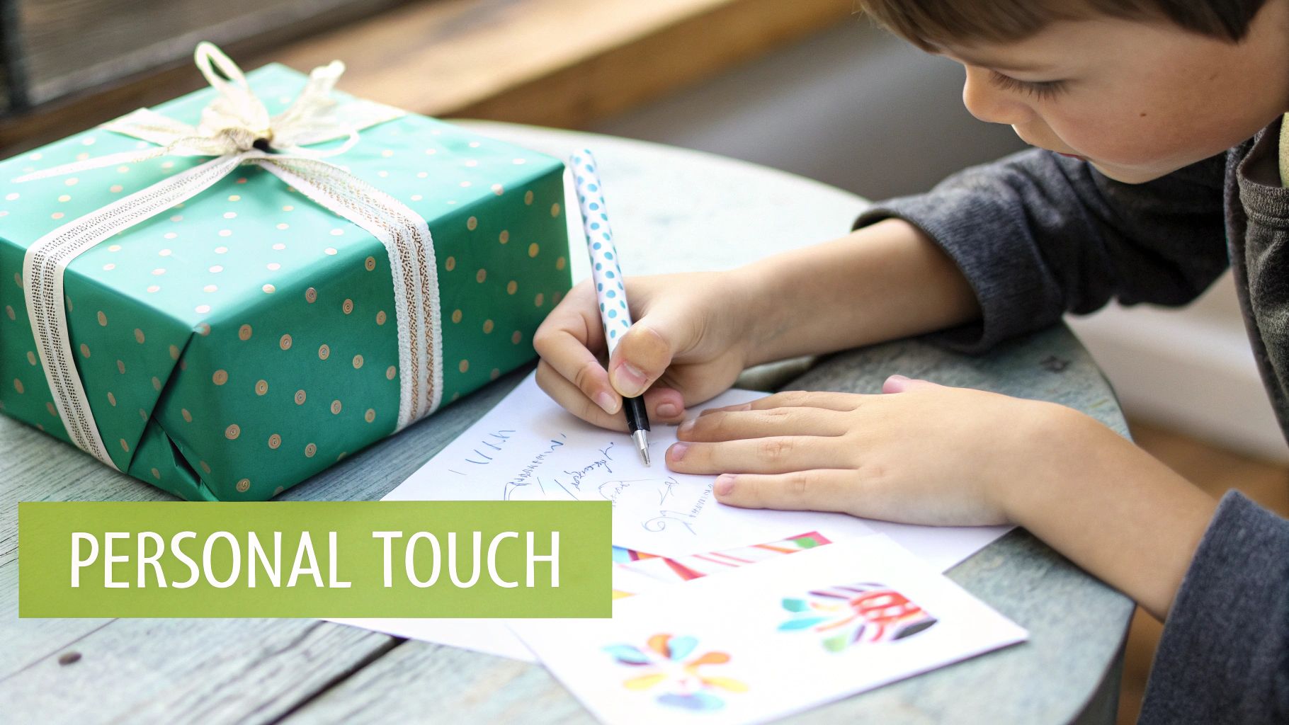 A child writes a personalized card next to a green polka dot gift, adding a personal touch.