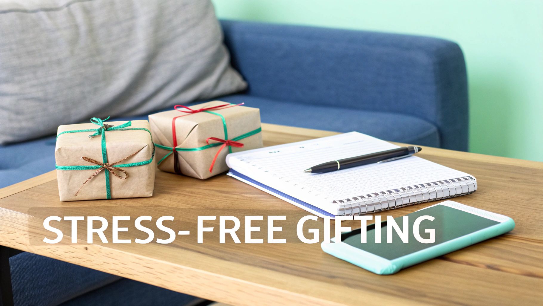 Two wrapped gifts, a notebook, pen, and smartphone on a wooden table, emphasizing stress-free gifting.