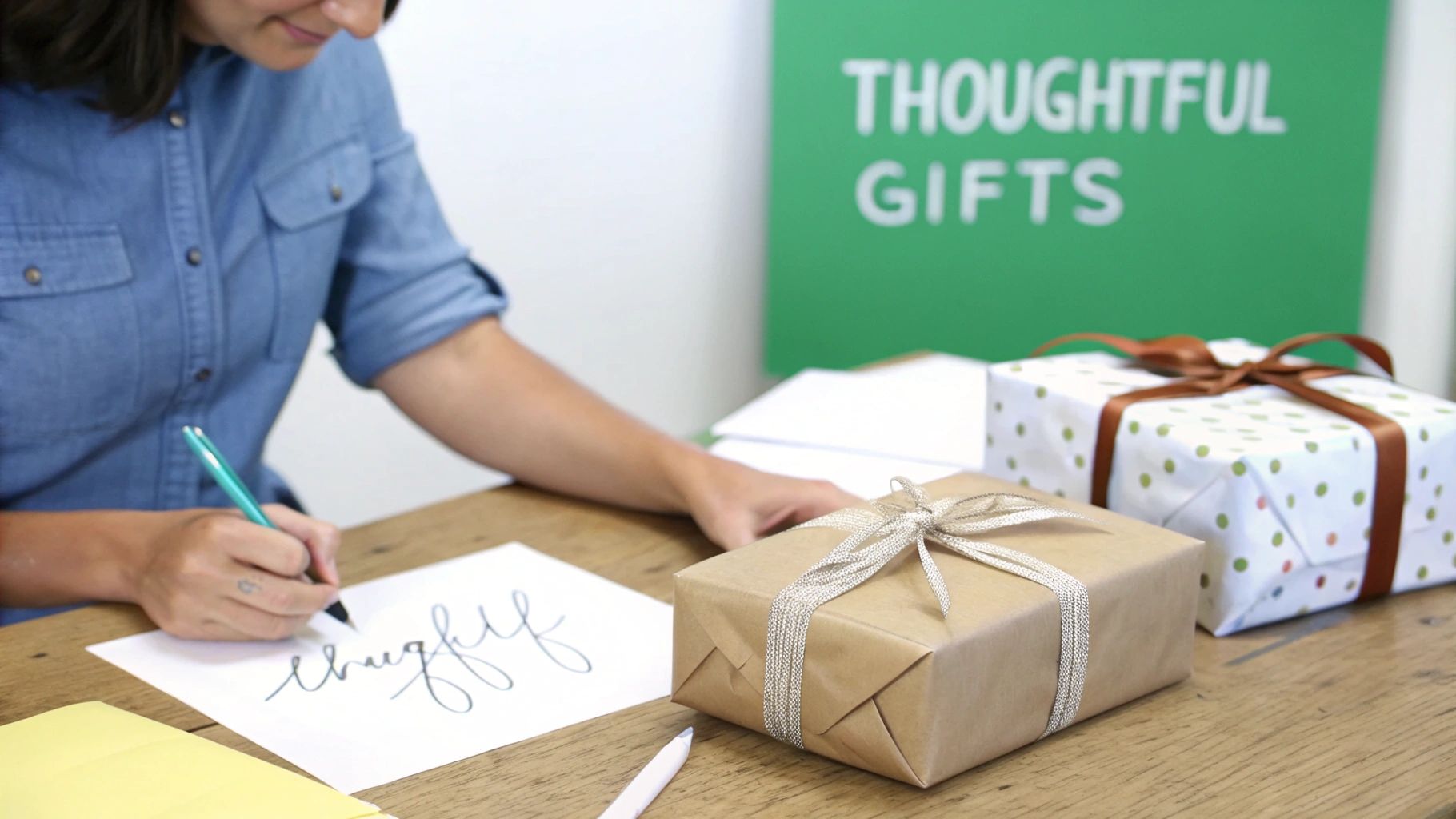 Woman writing thoughtful note card for wrapped gift presents on wooden desk
