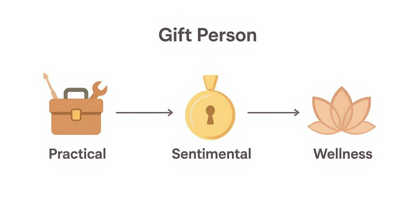 Three gift categories illustrated with icons: practical toolbox, sentimental locket, and wellness lotus flower