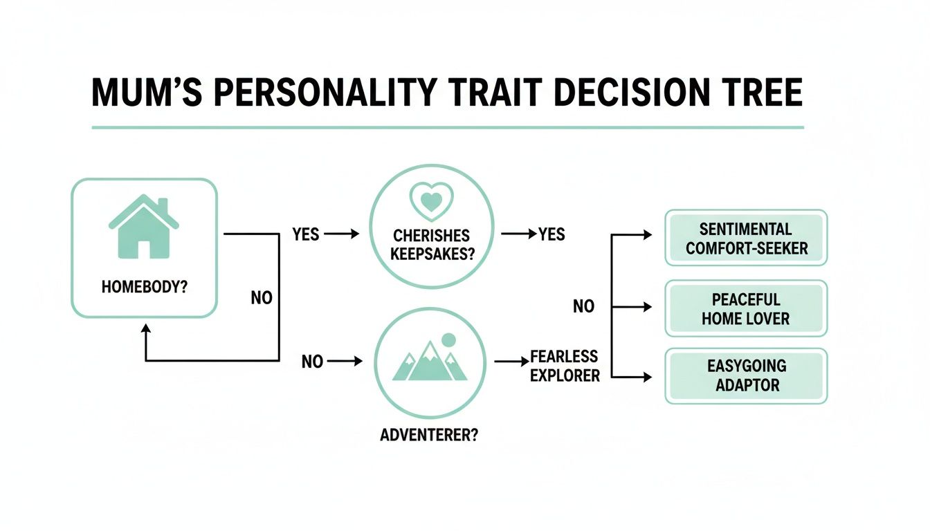 A decision tree flowchart identifying mum's personality traits as sentimental, peaceful, or easygoing.