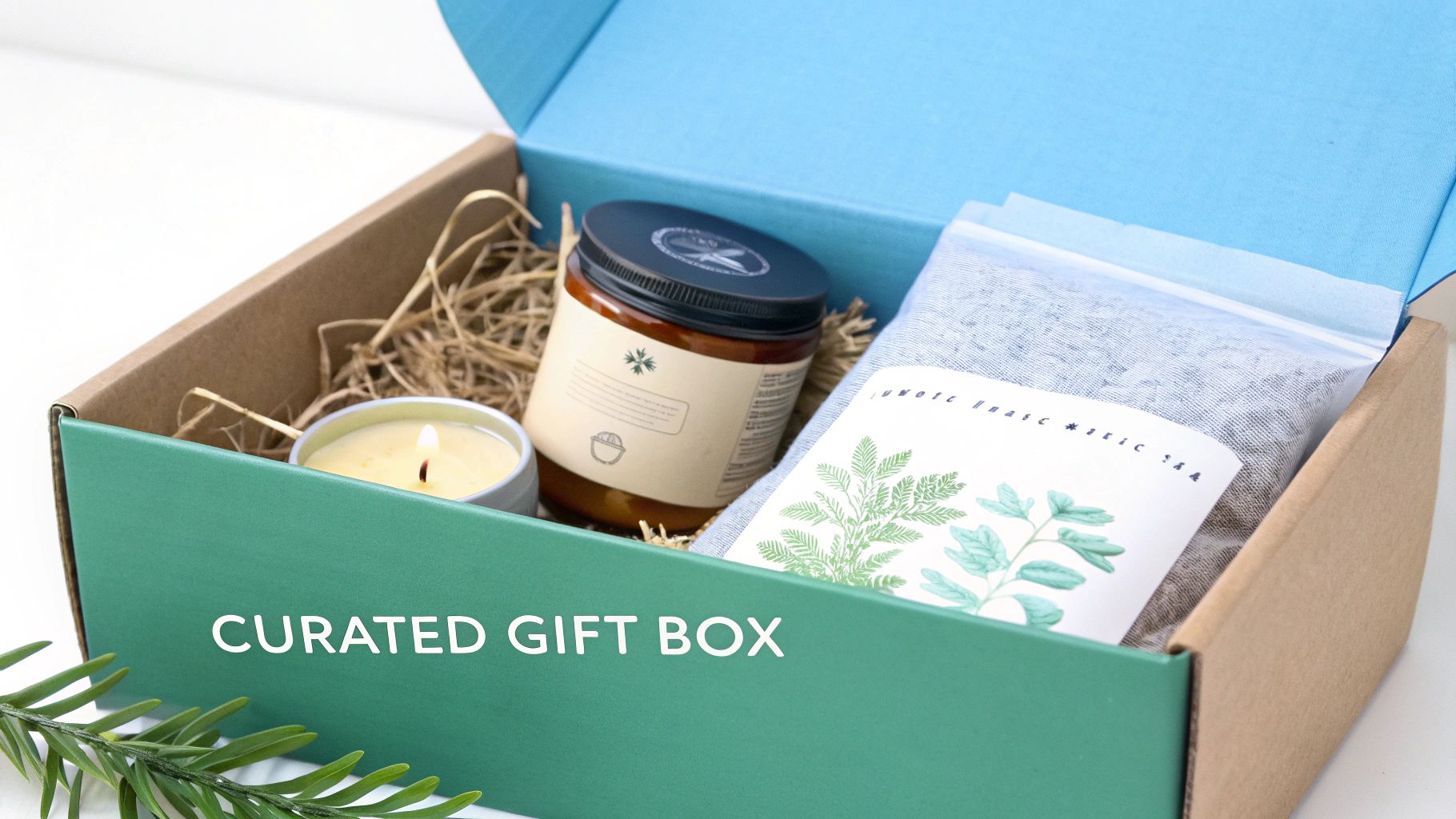 A curated gift box with a lit candle, a jar, and a bag with botanical label, nestled in straw.