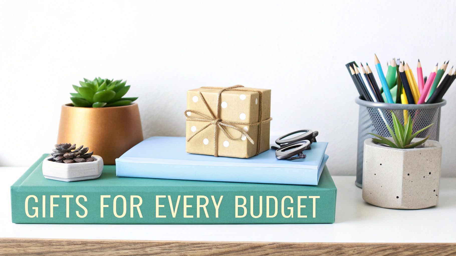 A desk display with books, potted succulents, a gift box, and colorful pencils, showing 'Gifts for Every Budget'.