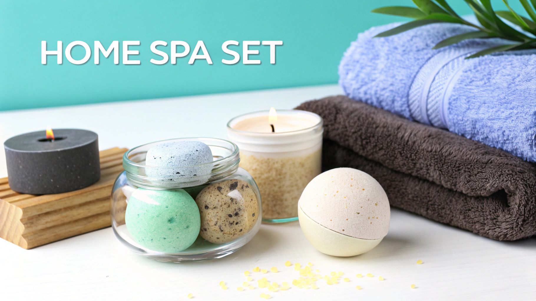 A home spa set featuring colorful bath bombs in a jar, lit candles, and folded towels on a white table.