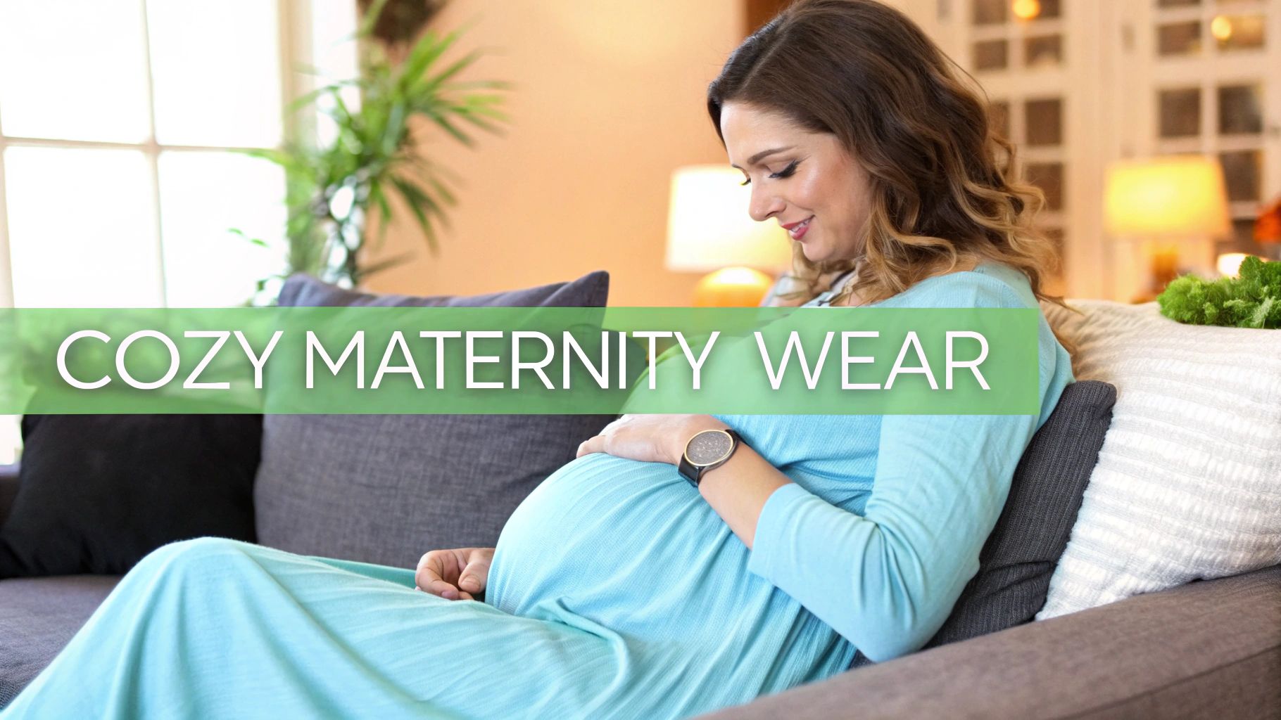 A pregnant woman smiling as she holds a beautifully wrapped gift.