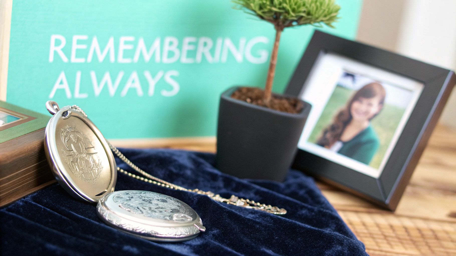 A silver locket, framed photo, and a plant next to a 'Remembering Always' sign.