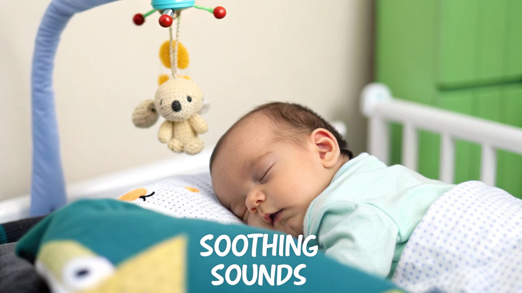 A newborn baby sleeps peacefully in a crib under a mobile with a cute knitted koala toy.