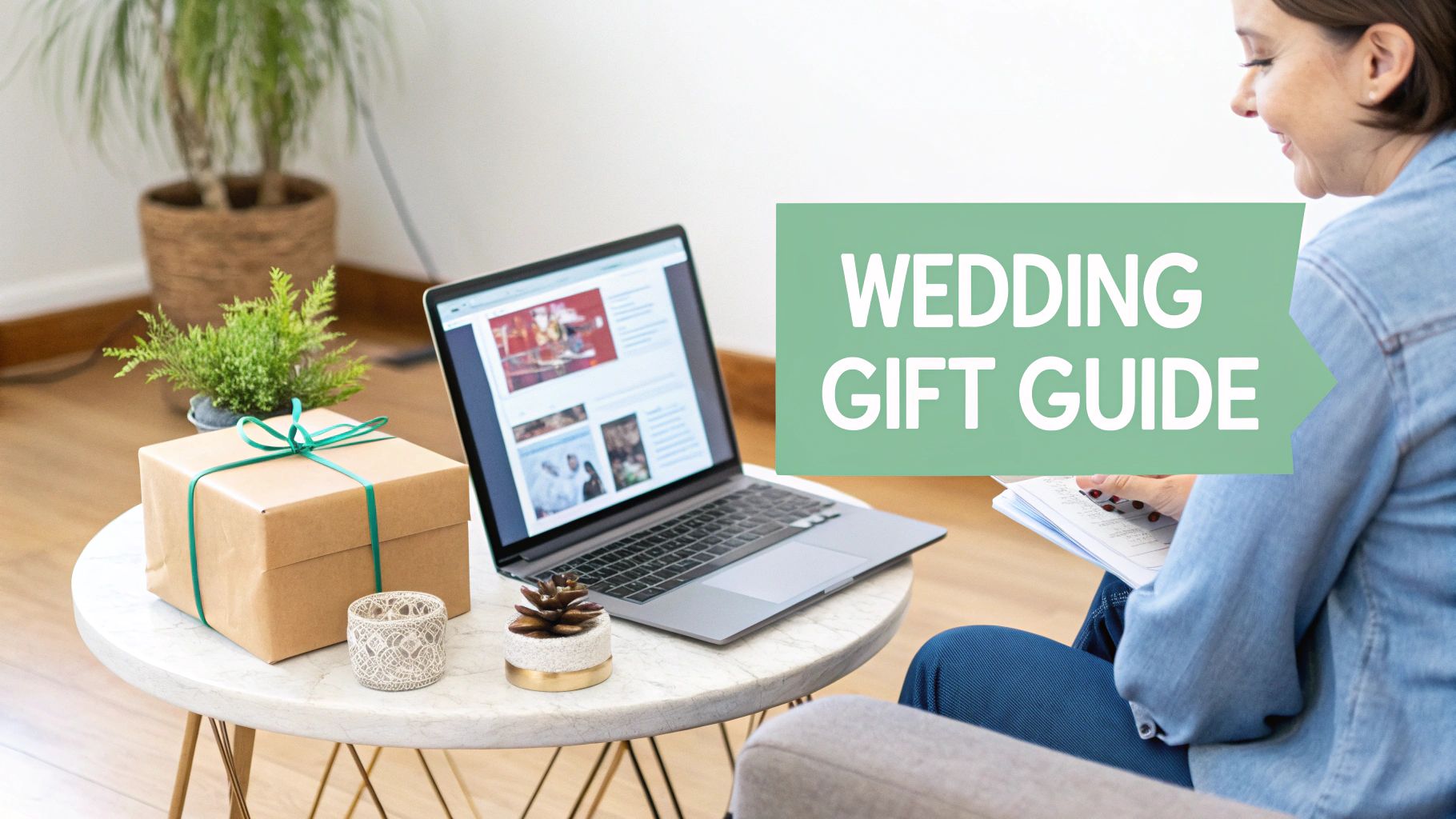 A smiling woman reviews a 'Wedding Gift Guide' on a laptop, next to a gift-wrapped box and decor.