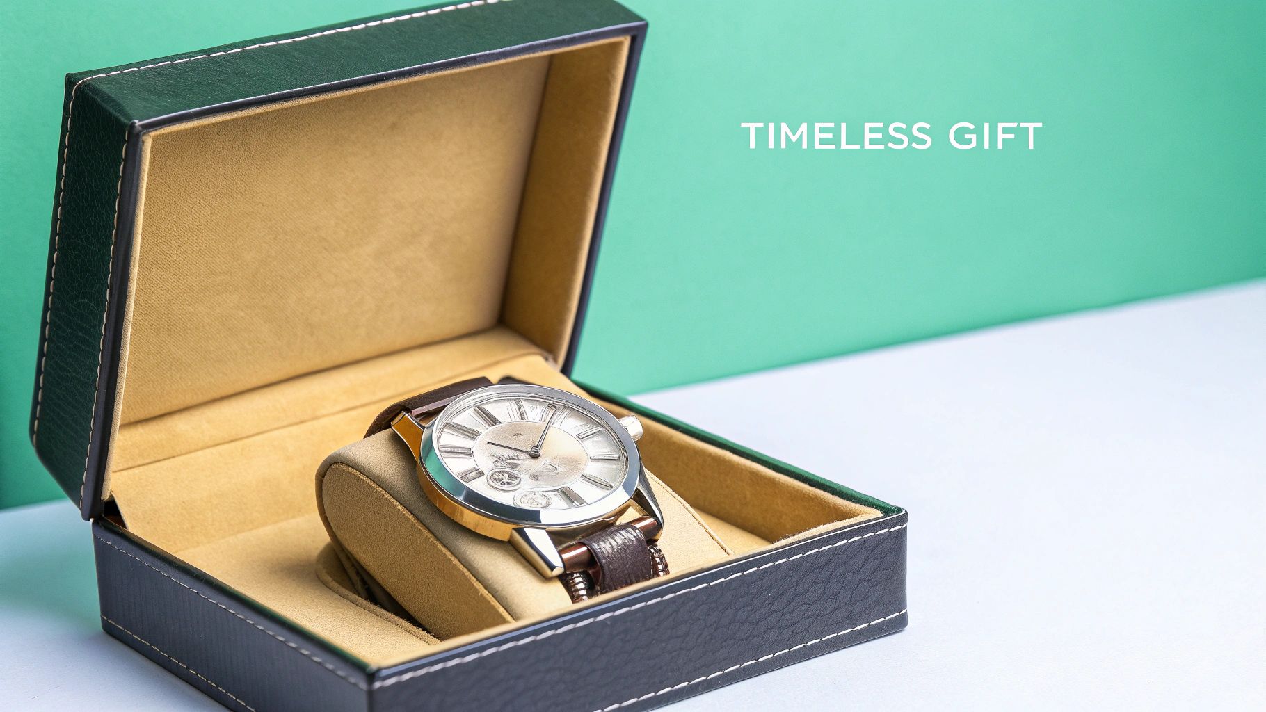 An open dark green watch box displays a stylish gold and silver watch with a brown strap, a timeless gift.