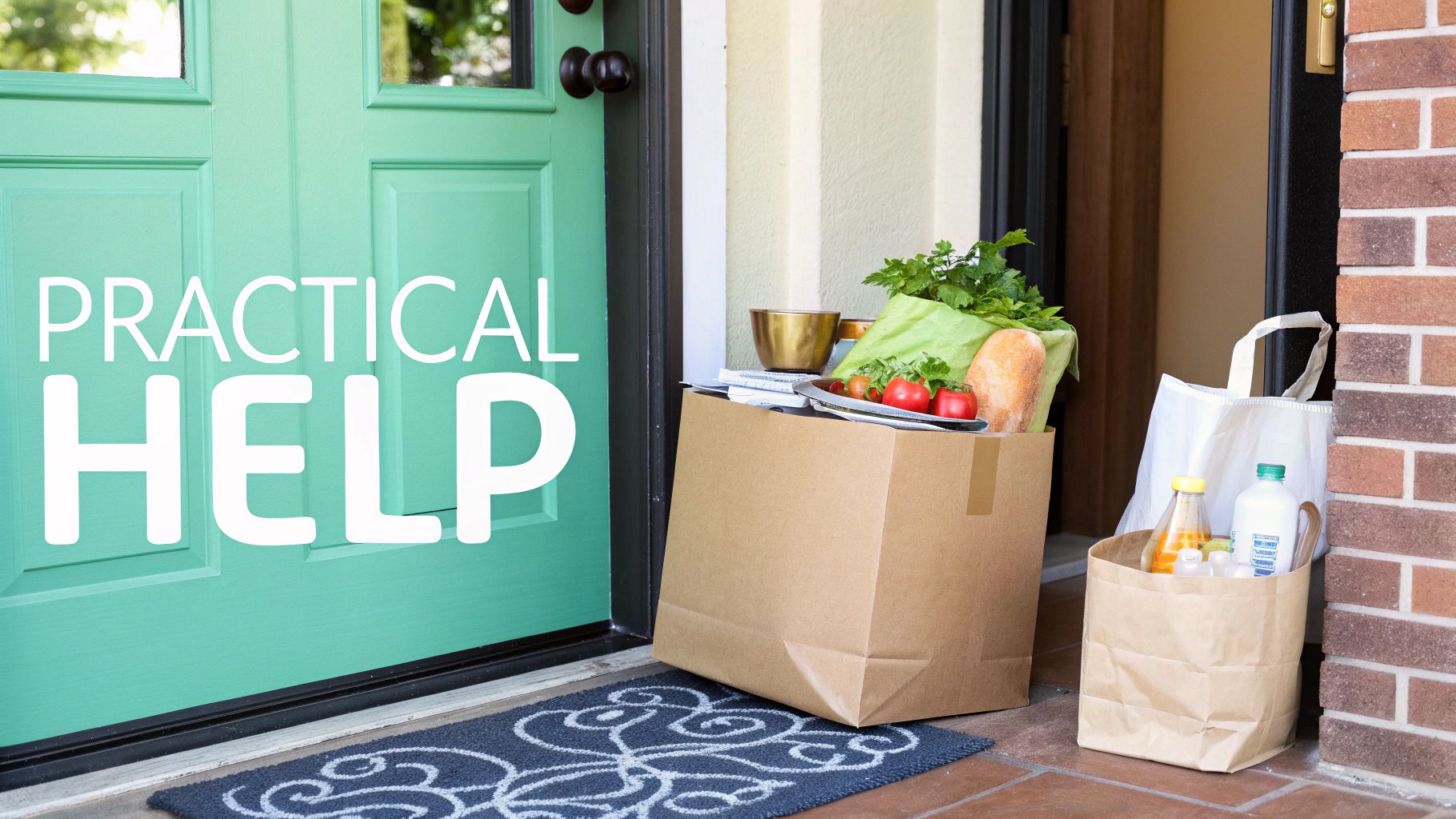 A person receiving a food delivery box at their doorstep.