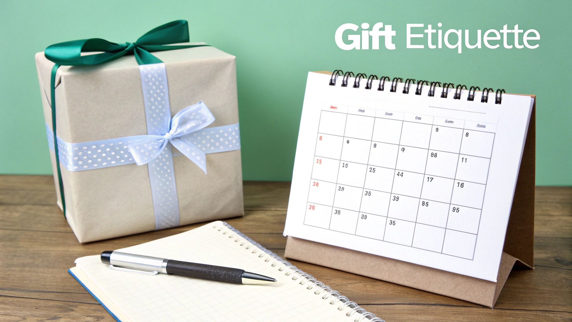 A wrapped gift, desk calendar, pen, and notebook on wood, with 'Gift Etiquette' text.