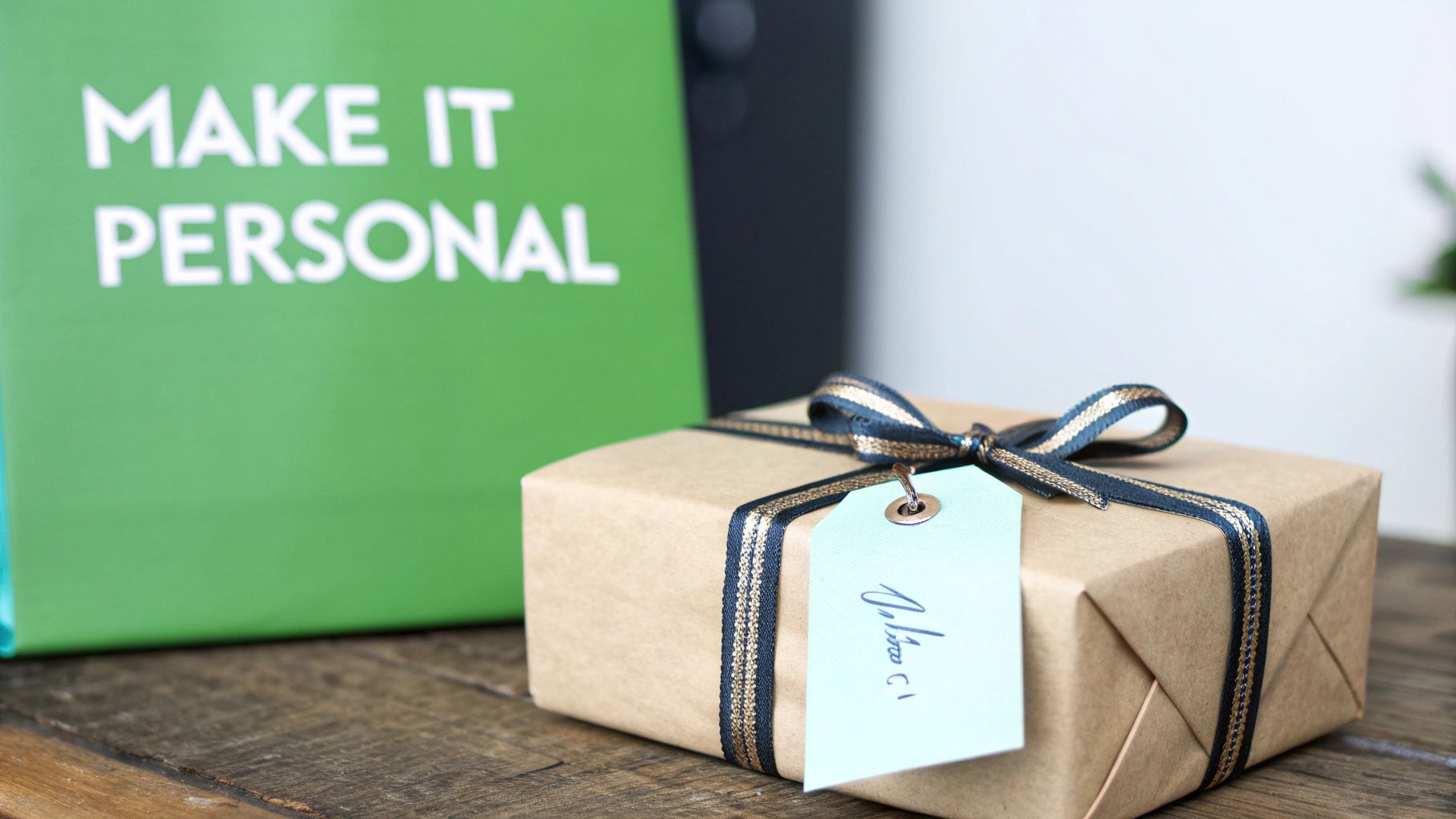 Wrapped brown gift box with blue ribbon and personalized tag beside green make it personal shopping bag