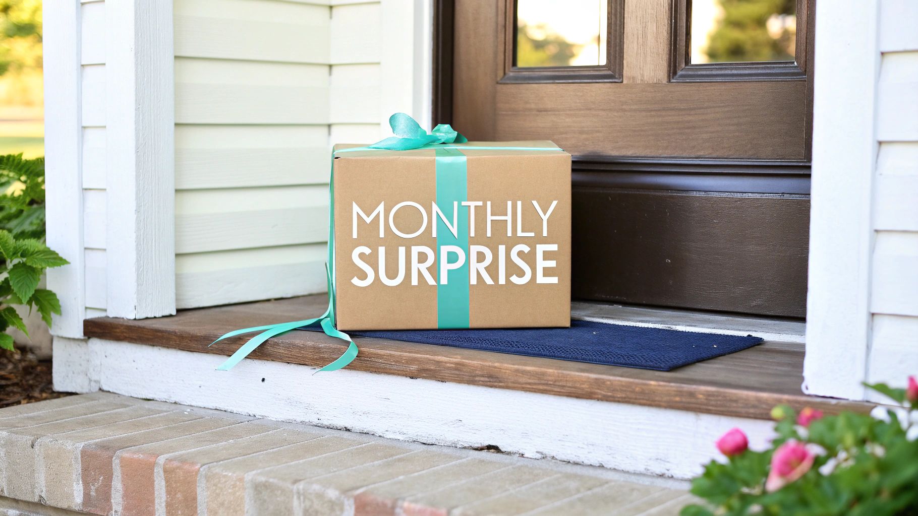 A brown cardboard box with 'MONTHLY SURPRISE' and a teal ribbon sits on a wooden porch step.