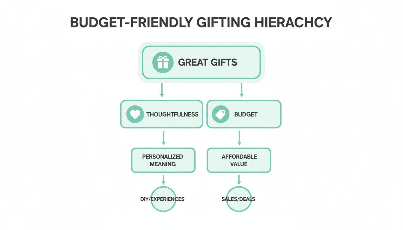 Flowchart illustrating a budget-friendly gifting hierarchy, focusing on thoughtfulness and affordable value for great gifts.