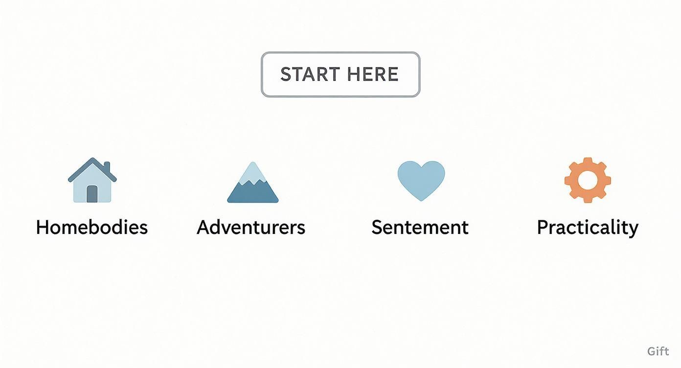 A selection of gift categories with icons for Homebodies, Adventurers, Sentement, and Practicality, with a 'START HERE' button.