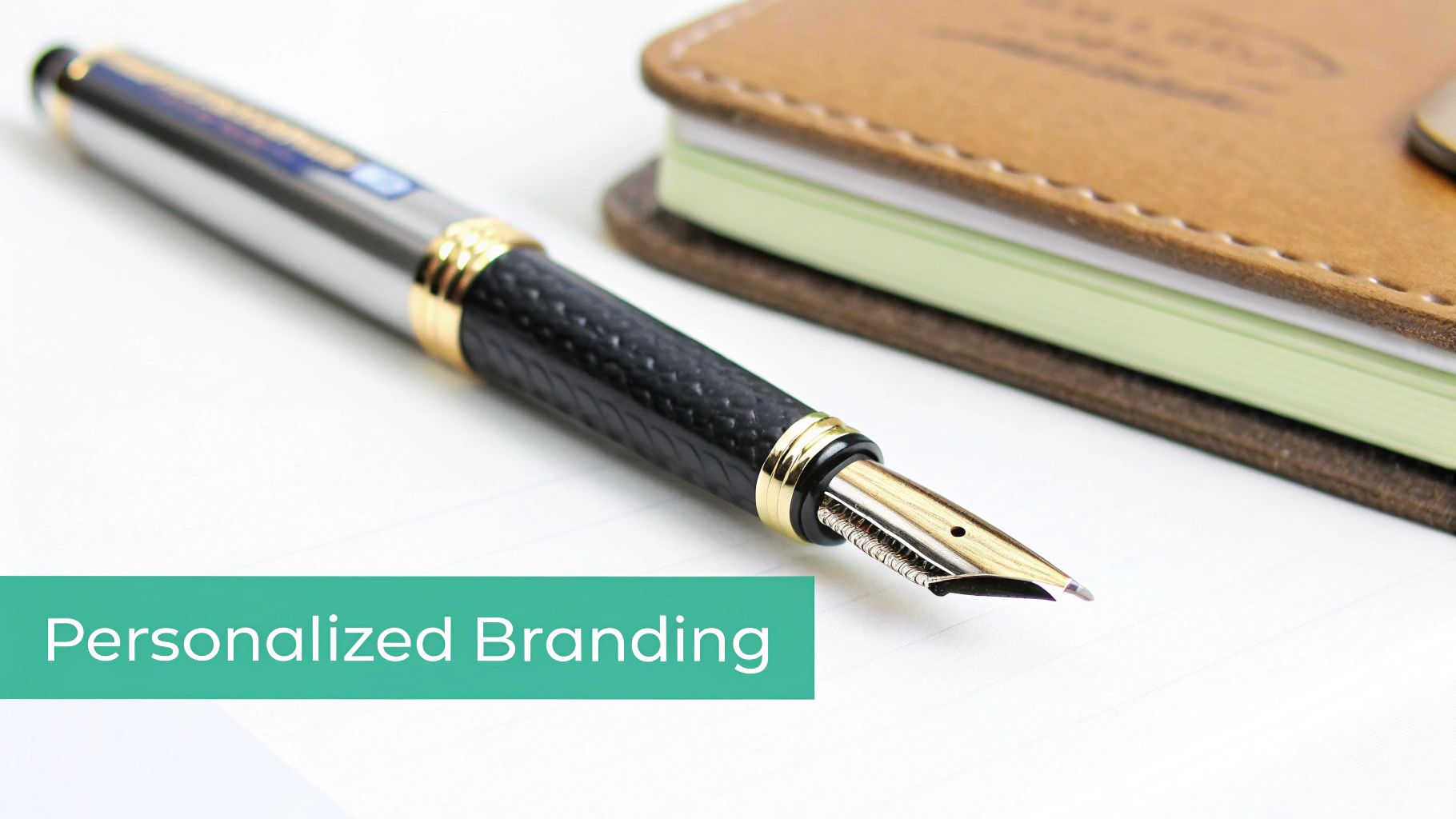 A close-up of a fountain pen and a brown notebook on a white surface with 'Personalized Branding' text.
