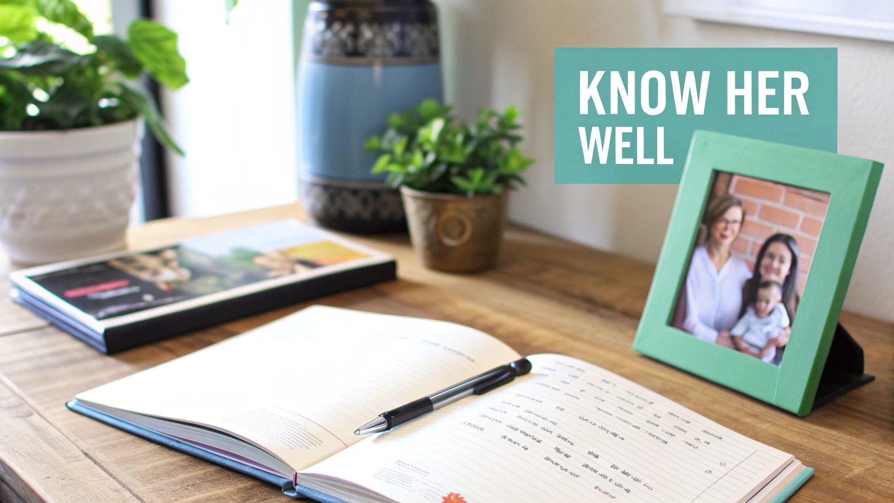 A bright desk setup featuring an open notebook, a family photo in a green frame, and plants.