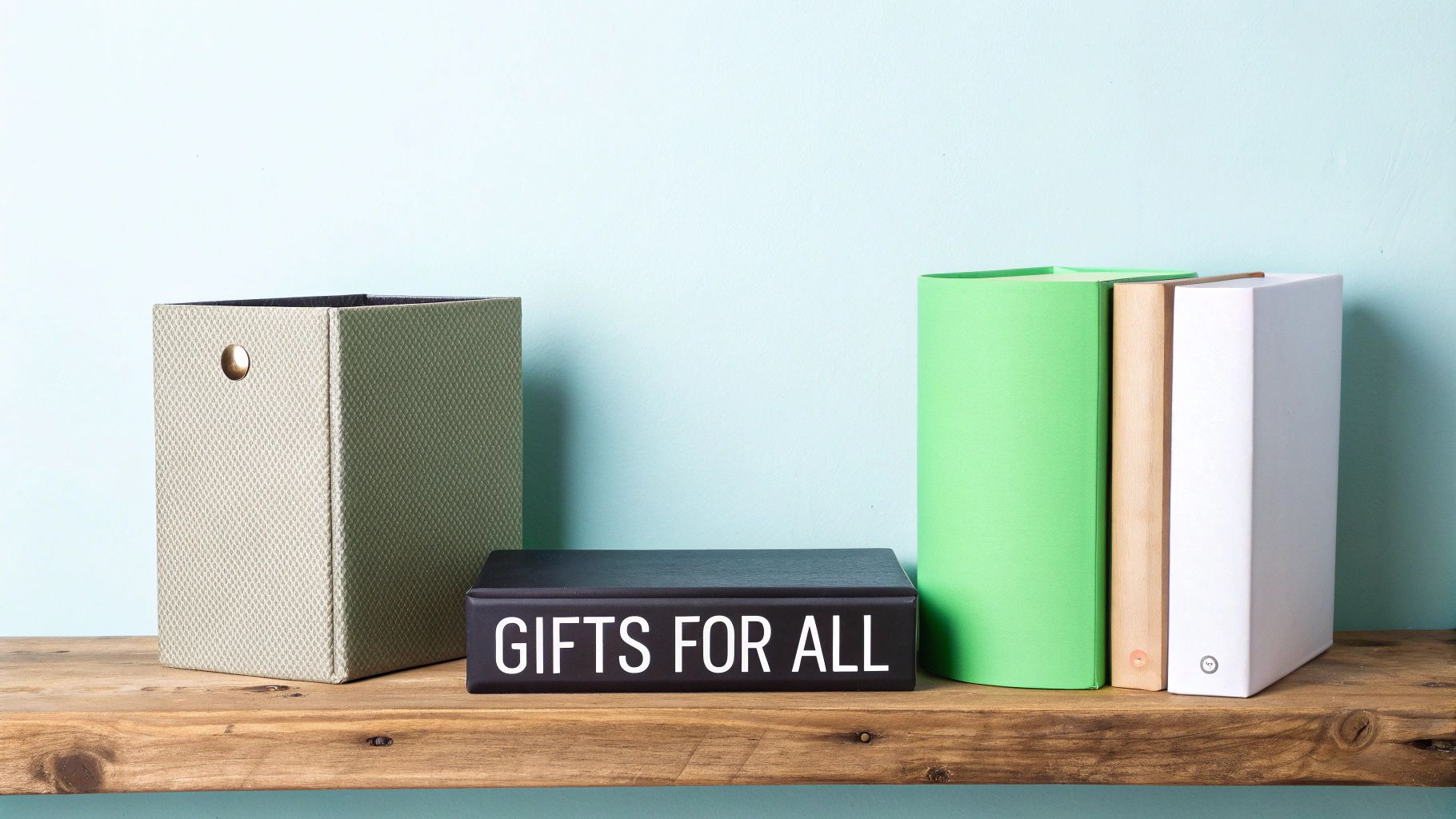 A wooden shelf against a light blue wall displays a box, books, and a 'GIFTS FOR ALL' sign.
