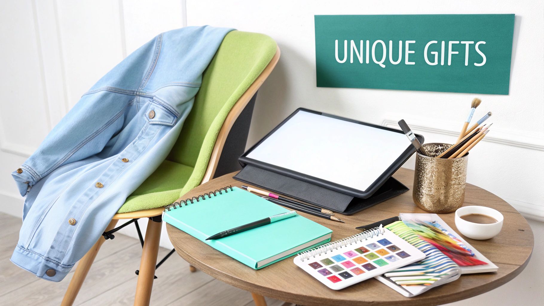 A cozy corner with a chair, a table holding creative supplies, and a 'UNIQUE GIFTS' sign.